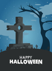 Canvas Print - happy halloween celebration card with cemetery tomb