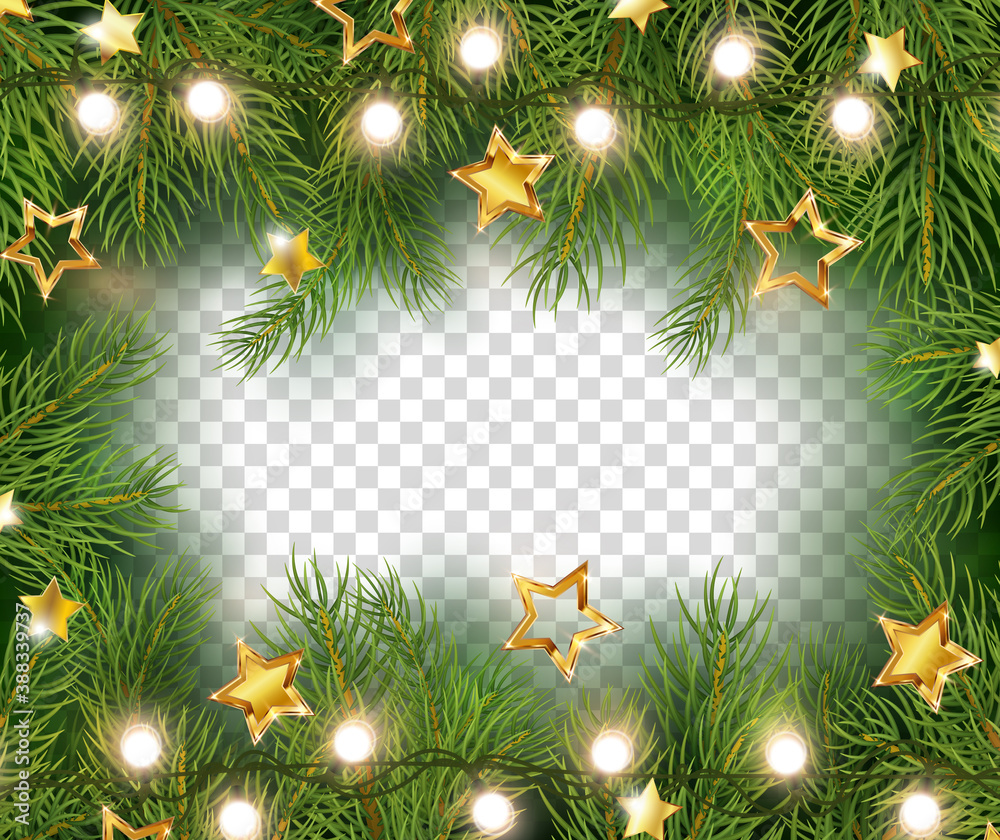 Border with green fir branches, gold stars and lights isolated on transparent background. Pine, xmas evergreen plants banner. Vector Christmas tree garland frame - obrazy, fototapety, plakaty 