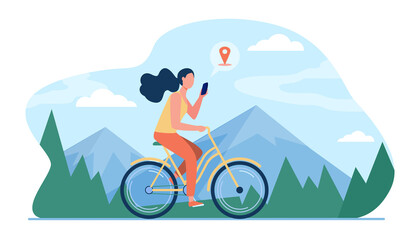 Poster - Woman riding bike by mountains. Girl cycling and consulting location app on cell flat vector illustration. Activity, path searching concept for banner, website design or landing web page