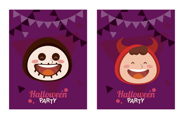 Canvas Print - happy halloween party with little devil and skeleton heads