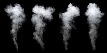 Set Of Different Clouds Of Smoke Isolated On Black Background. Collection Of Varied White Smoke.