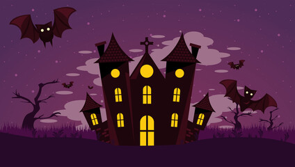 Canvas Print - happy halloween celebration card with haunted castle and bats flying