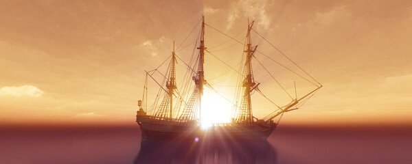 old ship sunset at sea 3d rendering