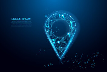 Gps, location sign in futuristic abstract style on blue background. Gps navigator pin. Map pointer sign. Route navigator. Polygon vector wireframe concept. Low poly, mesh art.
