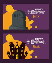 Sticker - happy halloween celebration card with haunted castle and tomb stone