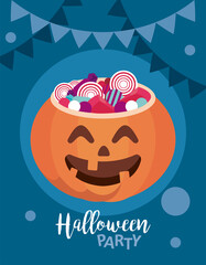 Sticker - happy halloween party with sweet candies in pumpkin