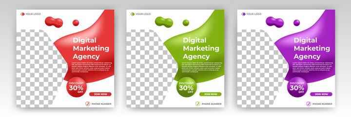 set of editable square banner templates. red, purple and green fluid shape with photo collage. digit