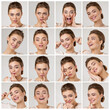 collage of portraits of young beautiful woman with different emotions and facial expressions on gray background