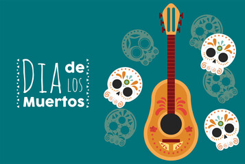 Poster - dia de los muertos poster with heads skulls and guitar