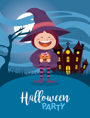 Wall Mural - happy halloween party with little witch in haunted castle