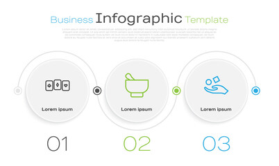 Wall Mural - Set line Playing cards, Magic mortar and pestle and Cube levitating above hand. Business infographic template. Vector.