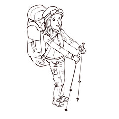 Sticker - Girl nordic walking at winter time. Hand drawn vector.