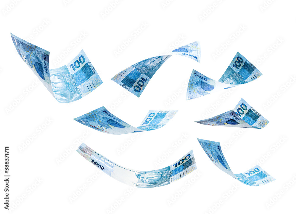 100 reais banknotes falling, one hundred reais banknote from brazil on ...