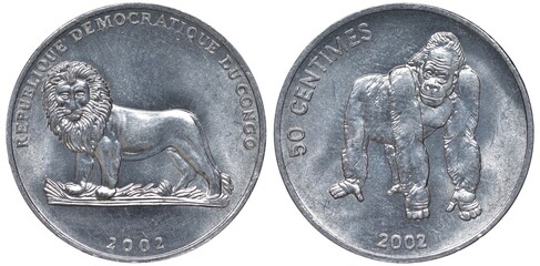 Wall Mural - Congo Congolese aluminum coin 50 fifty centimes 2002, heraldic lion left, gorilla, 