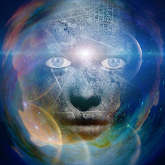 Wall Mural - scary human face with universe background. 3d rendering