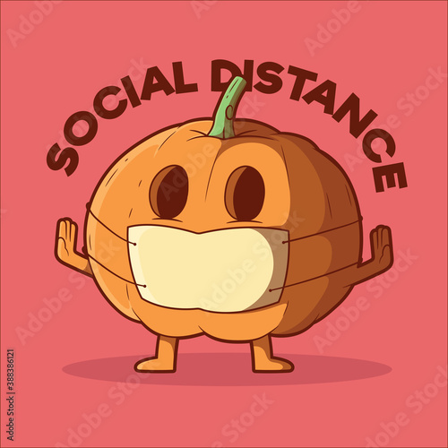 Halloween pumpkin with mask vector illustration. Quarantine, social distance, holiday design concept