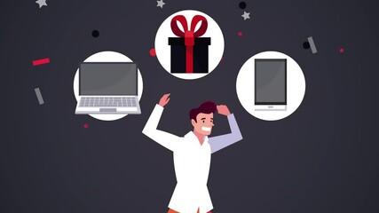 Poster - male buyer customer with technology devices and gift animation