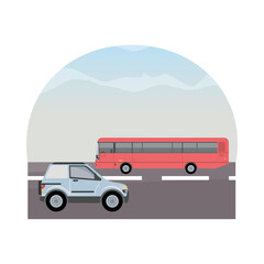 Poster - white camper and red bus vehicles mockup icon