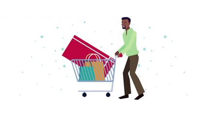 Canvas Print - afro male buyer customer with shopping cart animation character