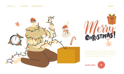 Wall Mural - Man Pull Christmas Decor Out of Box Landing Page Template. Male Character Prepare for New Year and Xmas Holidays