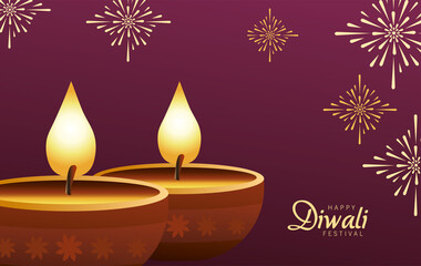 Poster - happy diwali celebration with two candles wooden in purple background