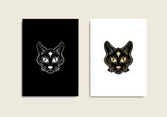 Mystical cat with the star in black and gold, with sketch style or line art. For tarot reader, spiritual guidance, witchcraft, tatoo, t shirt, sticker