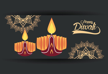 Wall Mural - happy diwali celebration with two candles wooden and golden mandalas