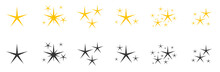 Flat Yellow Black Silhouettes Sparkles Symbol Icon Set. Decoration Starry Twinkle Shiny Flash. Glitter Bright Different Shape, Burst Firework Glowing Light Effect Isolated On White Vector Illustration