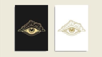 One eye with cloud, the all-seeing eye, symbol of the Masons, cloud and eye gold logo, spiritual guidance tarot reader design. engraving, decorative illustration tattoo