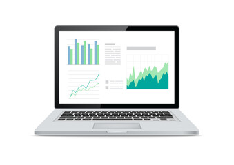 Poster - Laptop screens with financial charts and graphs on white background. Vector Illustration.