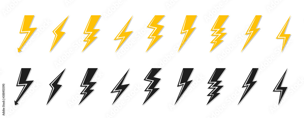 Black and yellow lightning bolt icon set. Electrical strike sign or ...