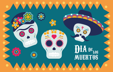 Poster - dia de los muertos poster with skulls and flowers