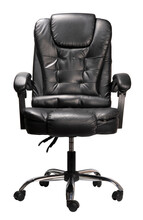 Black Leather Office Chair Isolated On White Background, The Office Chair From Black Leather On White Background With Clipping Path.
