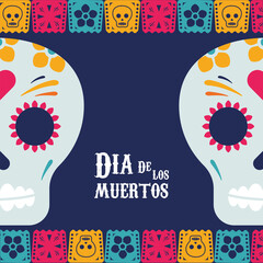 Poster - dia de los muertos poster with skulls and garlands frame