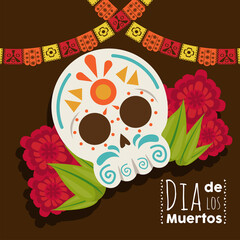 Poster - dia de los muertos poster with skull head and flowers