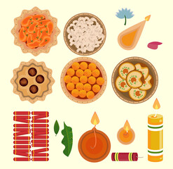 Sticker - happy diwali celebration with set icons