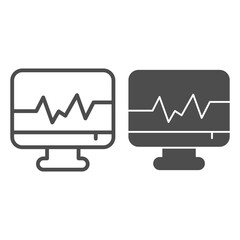 Poster - Heart rate on monitor line and solid icon, Medical concept, Ecg machine sign on white background, computer with cardiogram icon in outline style for mobile concept and web design. Vector graphics.