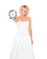 A beautiful blonde young bride isolated on white background.