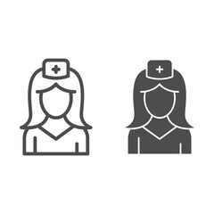 Poster - Nurse line and solid icon, medicine concept, medical staff sign on white background, woman in medical uniform icon in outline style for mobile concept and web design. Vector graphics.