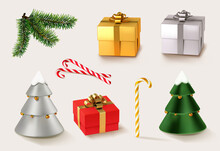 Christmas Golden And Red Gifts With Christmas Caramel And Christmas Tree And Branches. 3d Realistic Vector Icon Set
