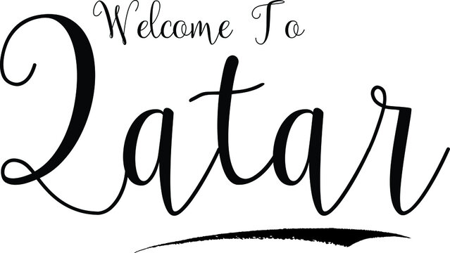 Welcome To Qatar Country Name Calligraphy Black Color Text on White Background