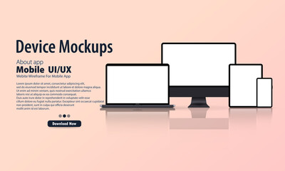 Poster - Blank device mock up. Realistic smartphone, tablet, laptop, monitor with blank screen and shadow. Electronic devices mockup set. Vector EPS 10. Flat, illustration.