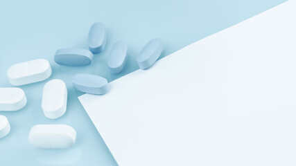 Wall Mural - Medical background of many white and blue capsule tablets or pills on the table. Close up notice copy space. Healthcare pharmacy and medicine concept. Painkillers or prescription drugs consumption