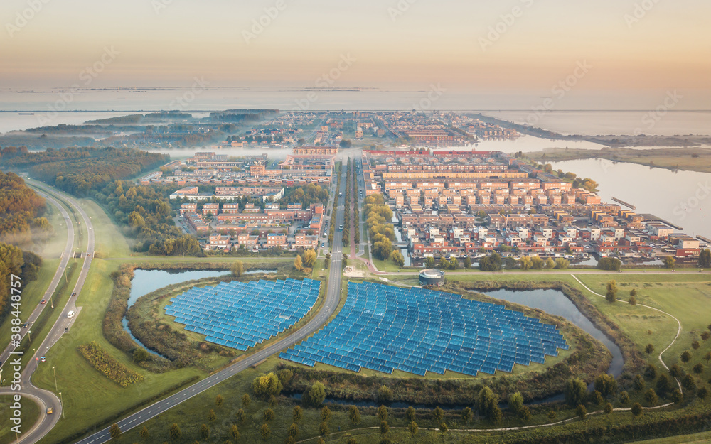 Sustainable neighbourhood in Netherlands powered by solar panels, aerial view - obrazy, fototapety, plakaty 