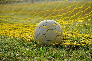 Soccer ball in goal net with green grass soccer field