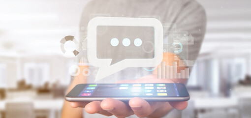 Poster - view of a businessman holding a message icon with data in background - 3d rendering
