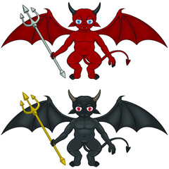 Vector design two little devils with different colors with tridents and demon wings. All on white background.