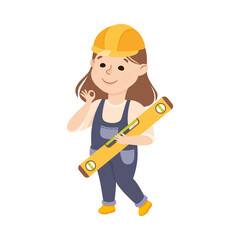 Wall Mural - Cute Builder with Bubble Level Tool, Little Girl in Hard Hat and Blue Overalls with Construction Tools Cartoon Style Vector Illustration