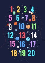 Colorful Number Vector For Kids. Vector Illustration Of Number Graphics For Kids With Outer Space Theme. Space Kids, 123, Number For Children.