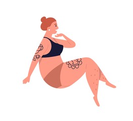 Wall Mural - Plus size tattooed woman in underwear. Female model with curvy shape. Body positive character with natural beauty. Flat vector cartoon illustration isolated on white background.